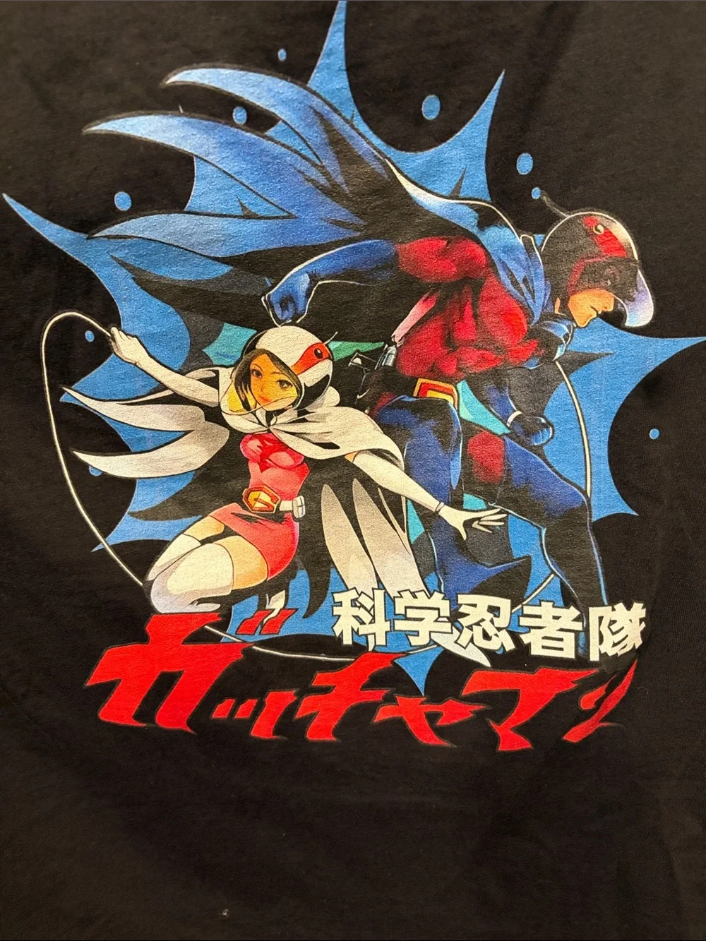 Men's Black Anime Graphic Tank Top with Red & Blue Print